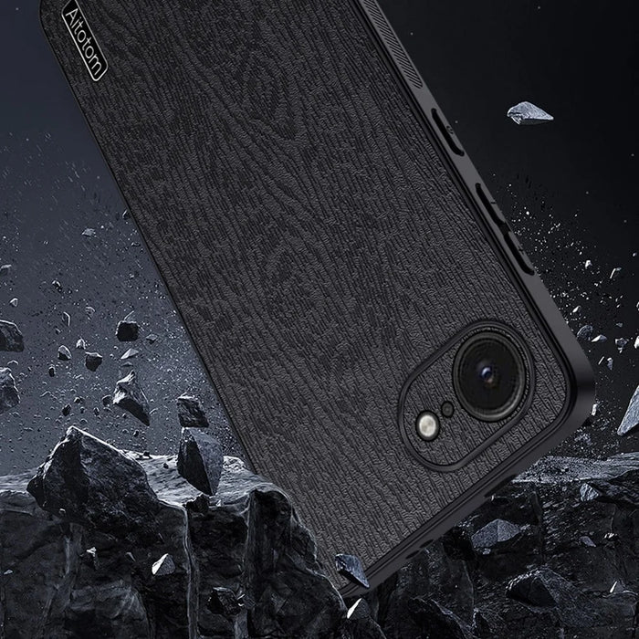 For iPhone 17e / 16e Case Wood Texture PU Leather Coated PC TPU Phone Cover - Black - 5
