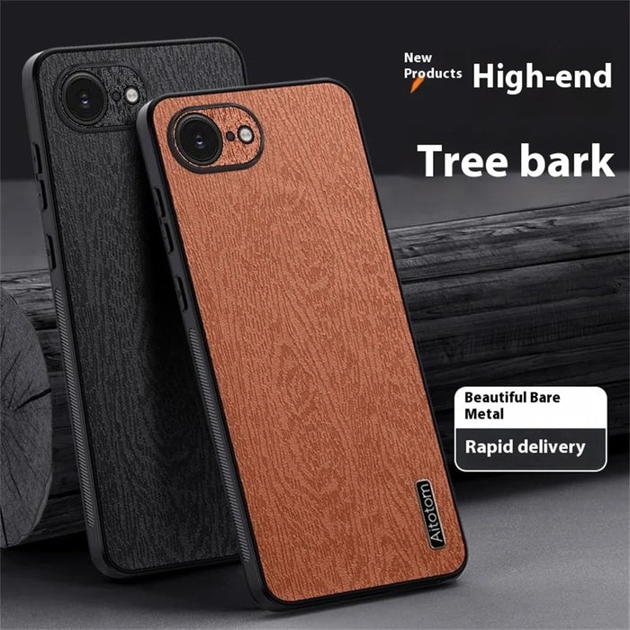 For iPhone 17e / 16e Case Wood Texture PU Leather Coated PC TPU Phone Cover - Black - 7