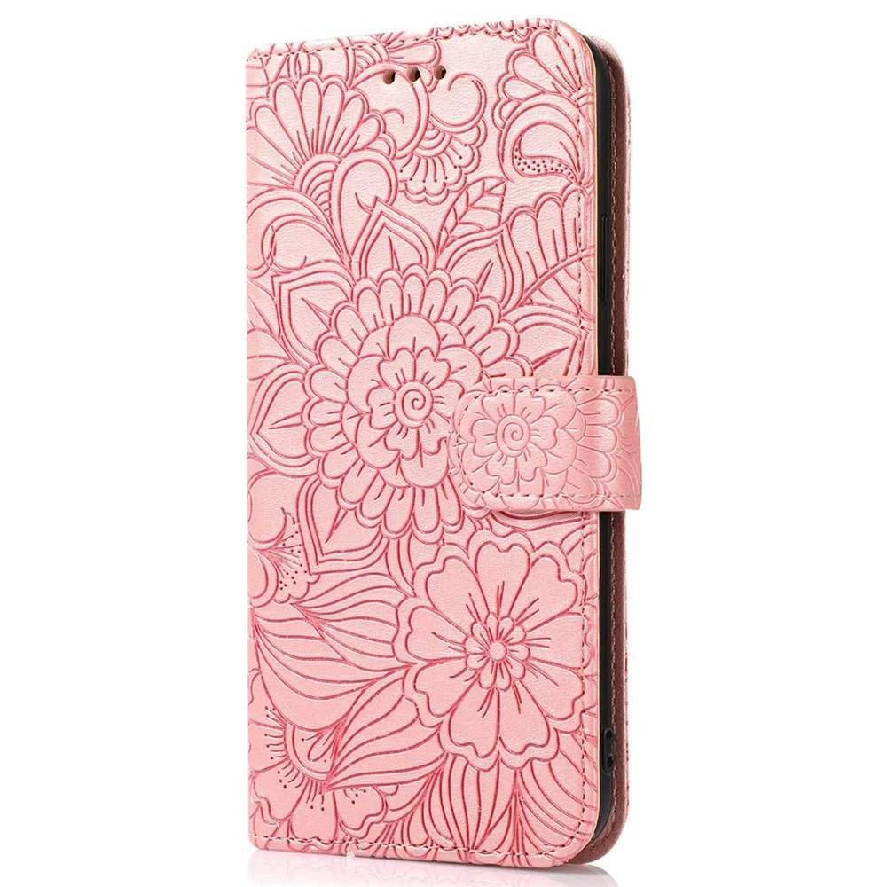 For iPhone 14 Plus PU Leather Phone Shell Stand Multifunction Wallet Imprinted Flower Pattern Phone Case with Strap - Pink - 7