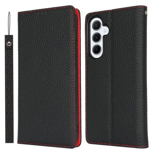 For Samsung Galaxy S25 Case Wallet Genuine Cow Leather Phone Cover Litchi Texture - Black - 1