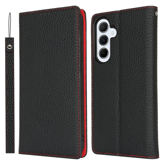 For Samsung Galaxy S25 Case Wallet Genuine Cow Leather Phone Cover Litchi Texture - Black - 1