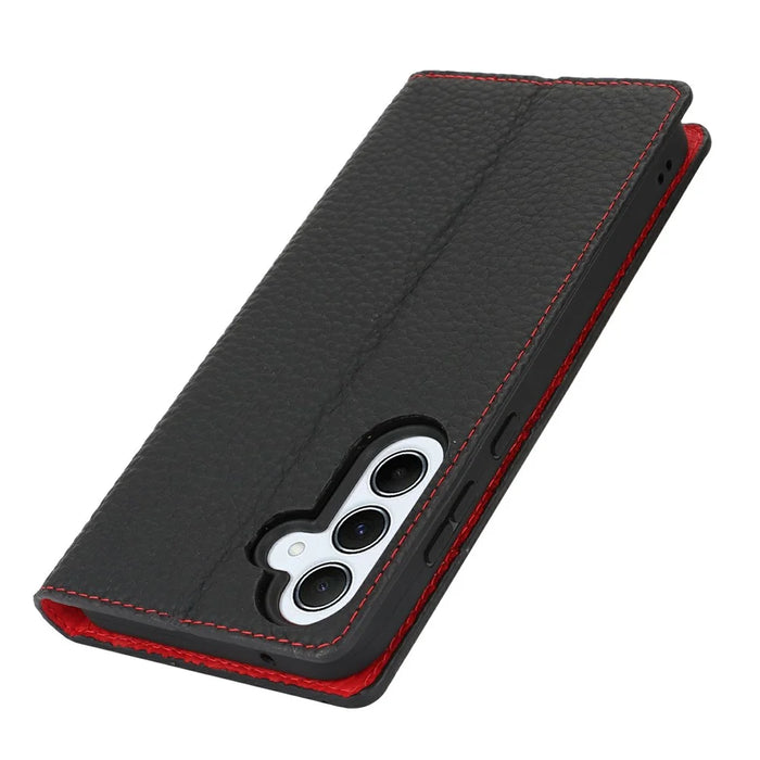 For Samsung Galaxy S25 Case Wallet Genuine Cow Leather Phone Cover Litchi Texture - Black - 6