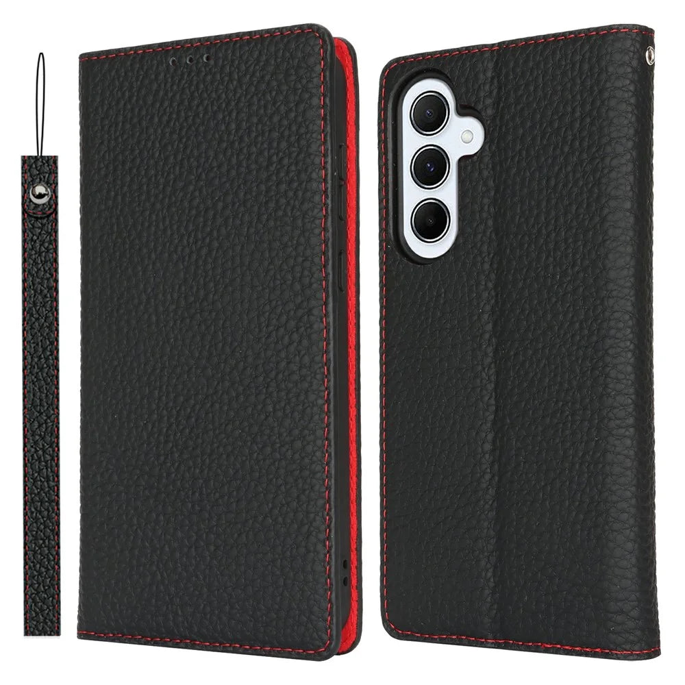 For Samsung Galaxy S25+ Case Wallet Genuine Cow Leather Phone Cover Litchi Texture - Black - 1