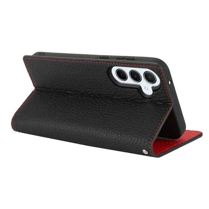 For Samsung Galaxy S25+ Case Wallet Genuine Cow Leather Phone Cover Litchi Texture - Black - 3