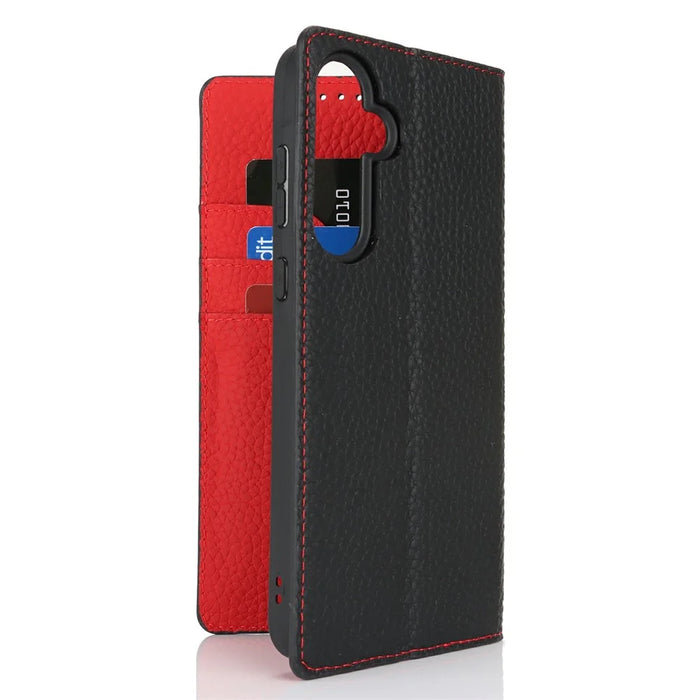 For Samsung Galaxy S25+ Case Wallet Genuine Cow Leather Phone Cover Litchi Texture - Black - 5
