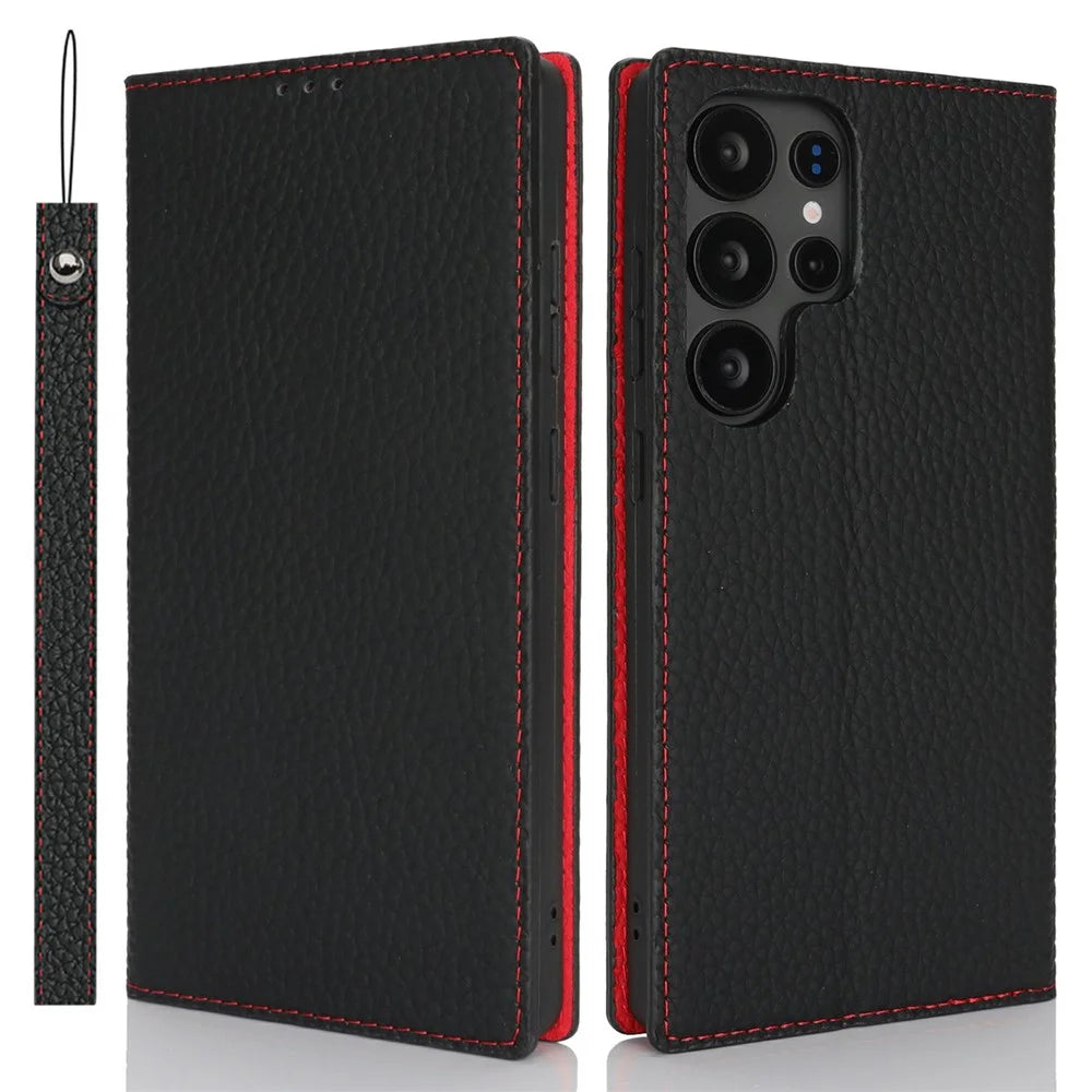 For Samsung Galaxy S25 Ultra Wallet Case Genuine Cow Leather Phone Cover Litchi Texture - Black - 1