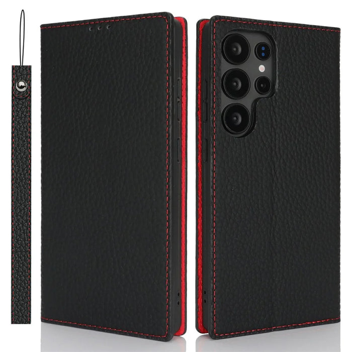 For Samsung Galaxy S25 Ultra Wallet Case Genuine Cow Leather Phone Cover Litchi Texture - Black - 1