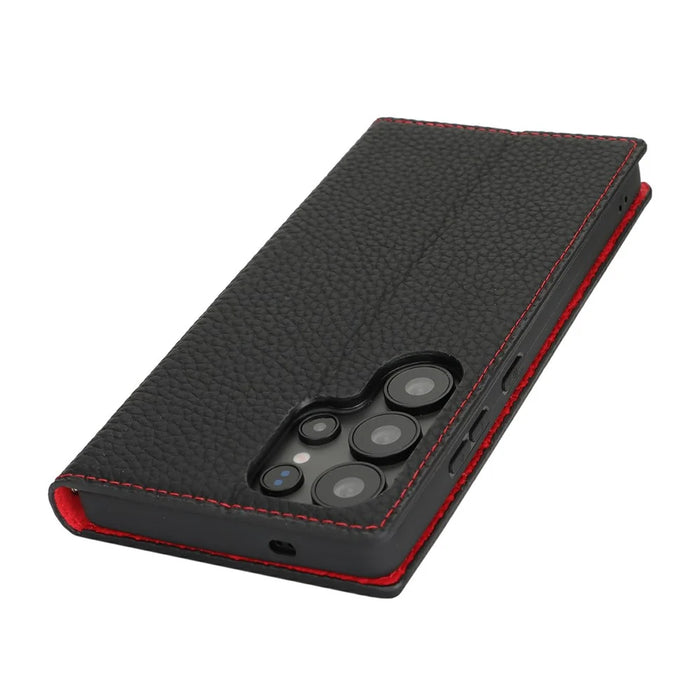 For Samsung Galaxy S25 Ultra Wallet Case Genuine Cow Leather Phone Cover Litchi Texture - Black - 4