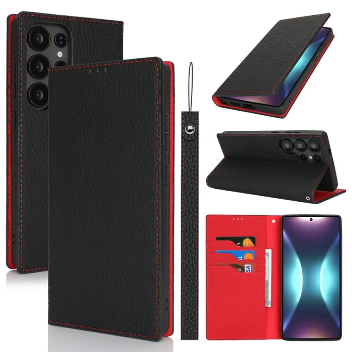 For Samsung Galaxy S25 Ultra Wallet Case Genuine Cow Leather Phone Cover Litchi Texture - Black - 7