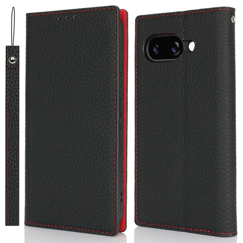 For Google Pixel 9a Wallet Case Genuine Cow Leather Phone Cover Litchi Texture - Black - 1