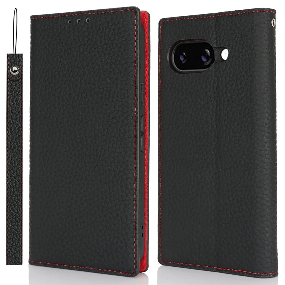 For Google Pixel 9a Wallet Case Genuine Cow Leather Phone Cover Litchi Texture - Black - 1