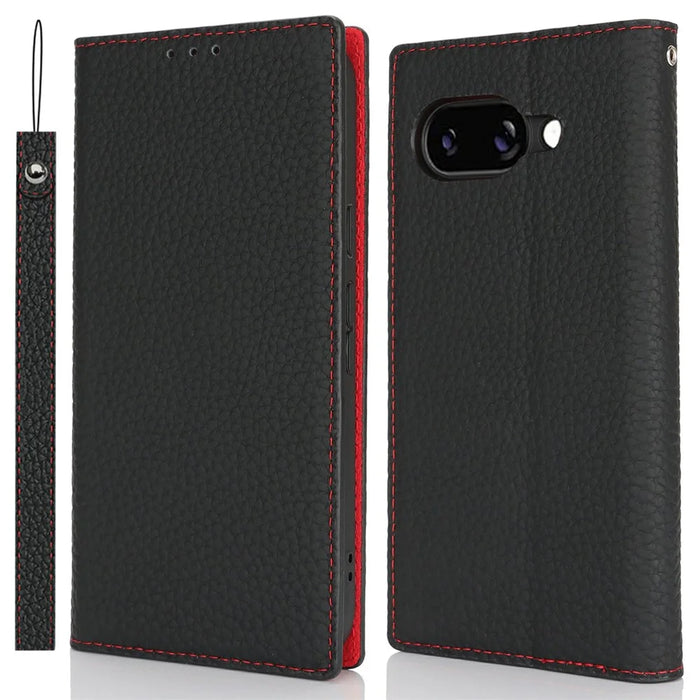 For Google Pixel 9a Wallet Case Genuine Cow Leather Phone Cover Litchi Texture - Black - 1