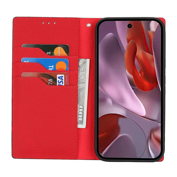 For Google Pixel 9a Wallet Case Genuine Cow Leather Phone Cover Litchi Texture - Black - 2