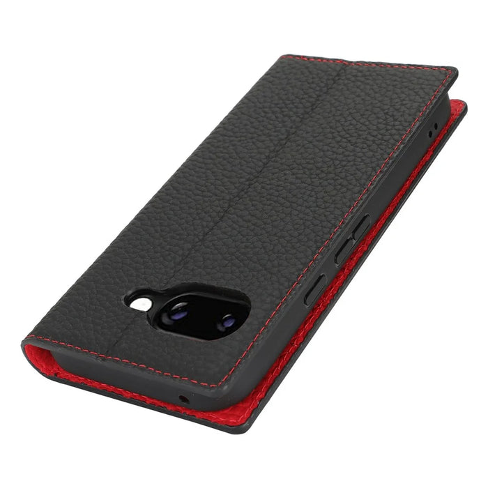 For Google Pixel 9a Wallet Case Genuine Cow Leather Phone Cover Litchi Texture - Black - 4