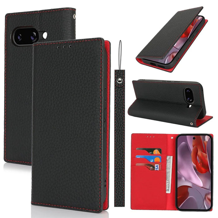 For Google Pixel 9a Wallet Case Genuine Cow Leather Phone Cover Litchi Texture - Black - 7