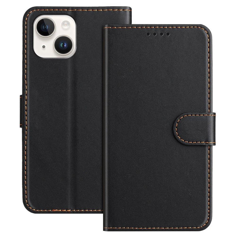 For iPhone 13 mini 5.4 inch Leather Case Wallet Stand Solid Color Anti Drop Phone Cover - Black - 1