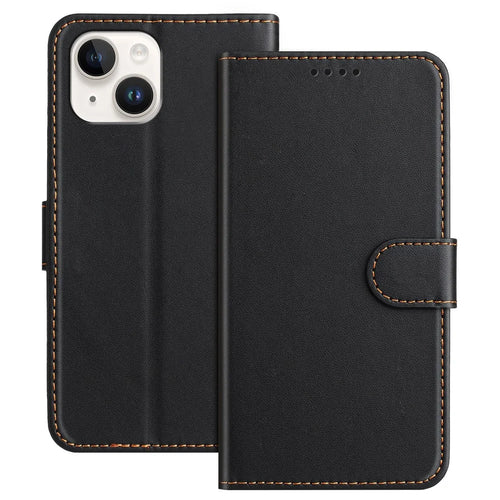 For iPhone 13 mini 5.4 inch Leather Case Wallet Stand Solid Color Anti Drop Phone Cover - Black - 1
