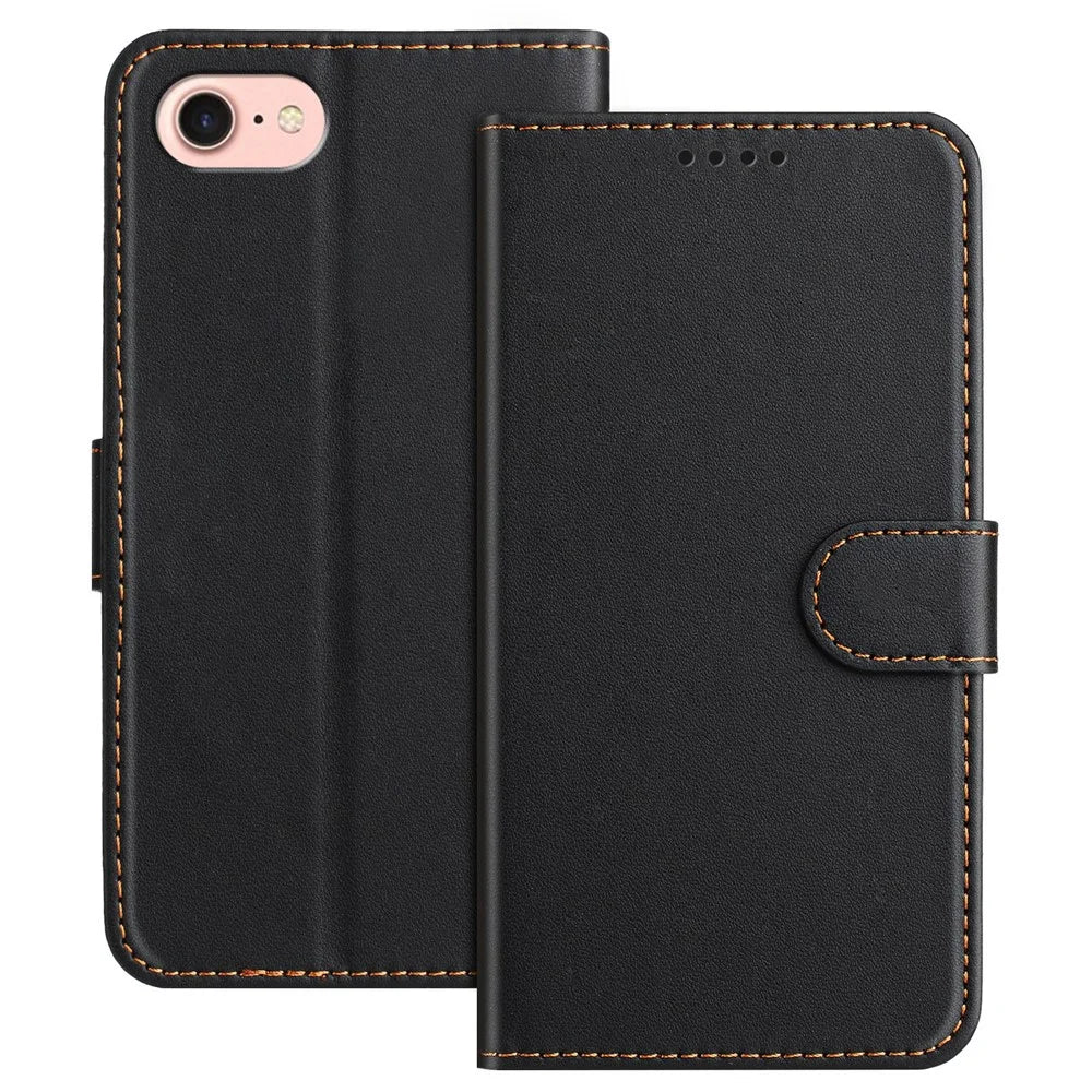 For iPhone SE (2022) / iPhone 6 4.7-inch / iPhone 6s 4.7-inch / iPhone 7 4.7 inch / iPhone 8 4.7 inch / iPhone SE (2020) Leather Case Wallet Stand Solid Color Anti Drop Phone Cover - Black - 1