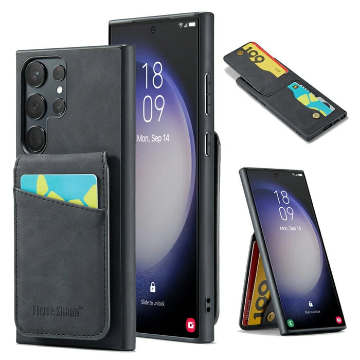 FIERRE SHANN For Samsung Galaxy S25 Ultra Case Card Holder Kickstand Leather RFID Blocking Back Cover - Black - 1