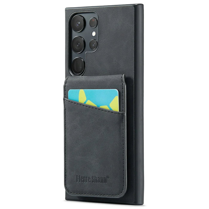 FIERRE SHANN For Samsung Galaxy S25 Ultra Case Card Holder Kickstand Leather RFID Blocking Back Cover - Black - 6