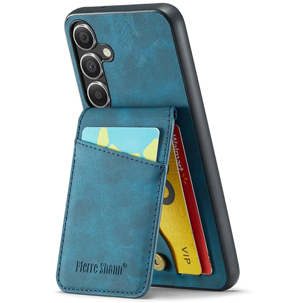 FIERRE SHANN For Samsung Galaxy S25+ Case Card Holder Kickstand Leather RFID Blocking Back Cover - Blue - 2