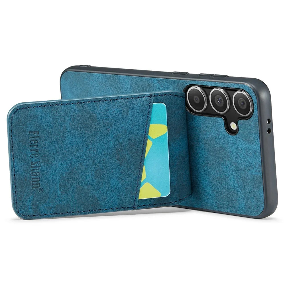 FIERRE SHANN For Samsung Galaxy S25+ Case Card Holder Kickstand Leather RFID Blocking Back Cover - Blue - 3