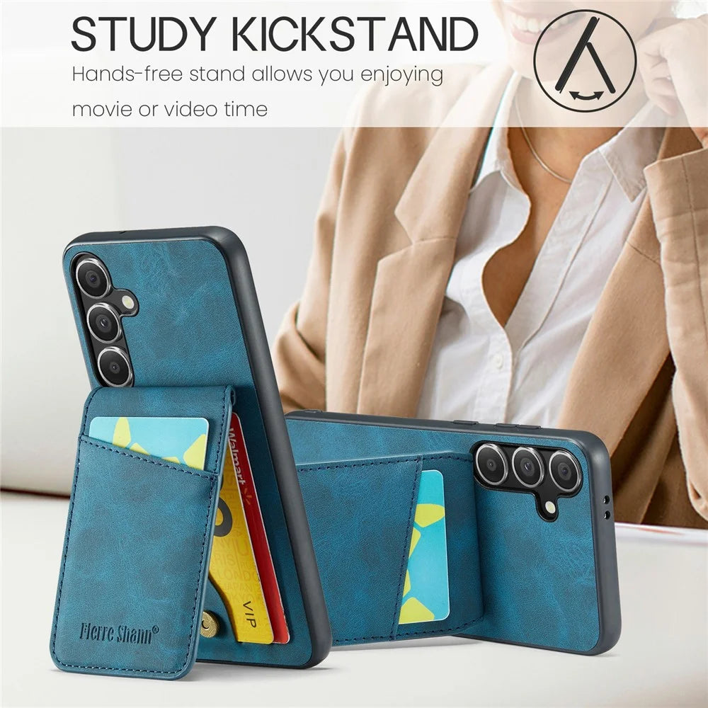 FIERRE SHANN For Samsung Galaxy S25+ Case Card Holder Kickstand Leather RFID Blocking Back Cover - Blue - 7
