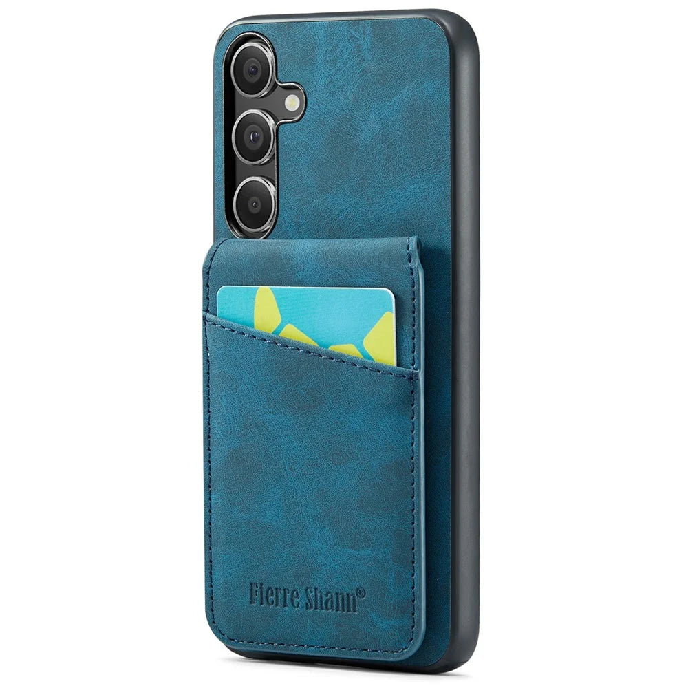 FIERRE SHANN For Samsung Galaxy S24 FE Case Card Holder Kickstand Leather RFID Blocking Back Cover - Blue - 1