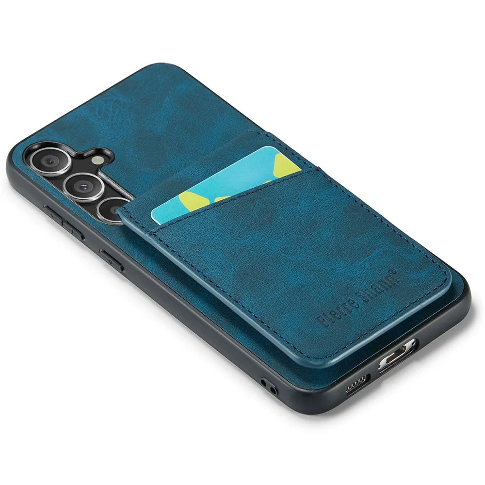 FIERRE SHANN For Samsung Galaxy S24 FE Case Card Holder Kickstand Leather RFID Blocking Back Cover - Blue - 4