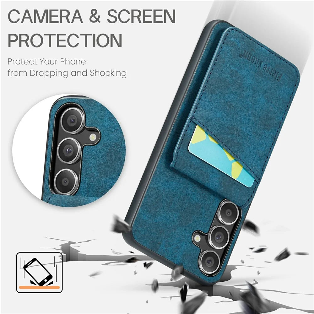 FIERRE SHANN For Samsung Galaxy S24 FE Case Card Holder Kickstand Leather RFID Blocking Back Cover - Blue - 5