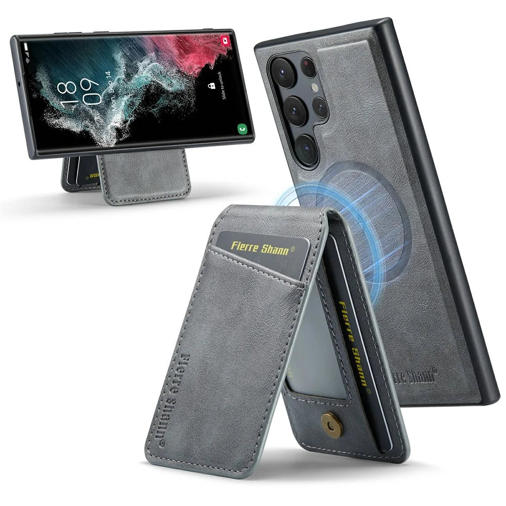 FIERRE SHANN 025 Style For Samsung Galaxy S25 Ultra Case Leather + TPU Detachable Card Slots Phone Cover - Grey - 1