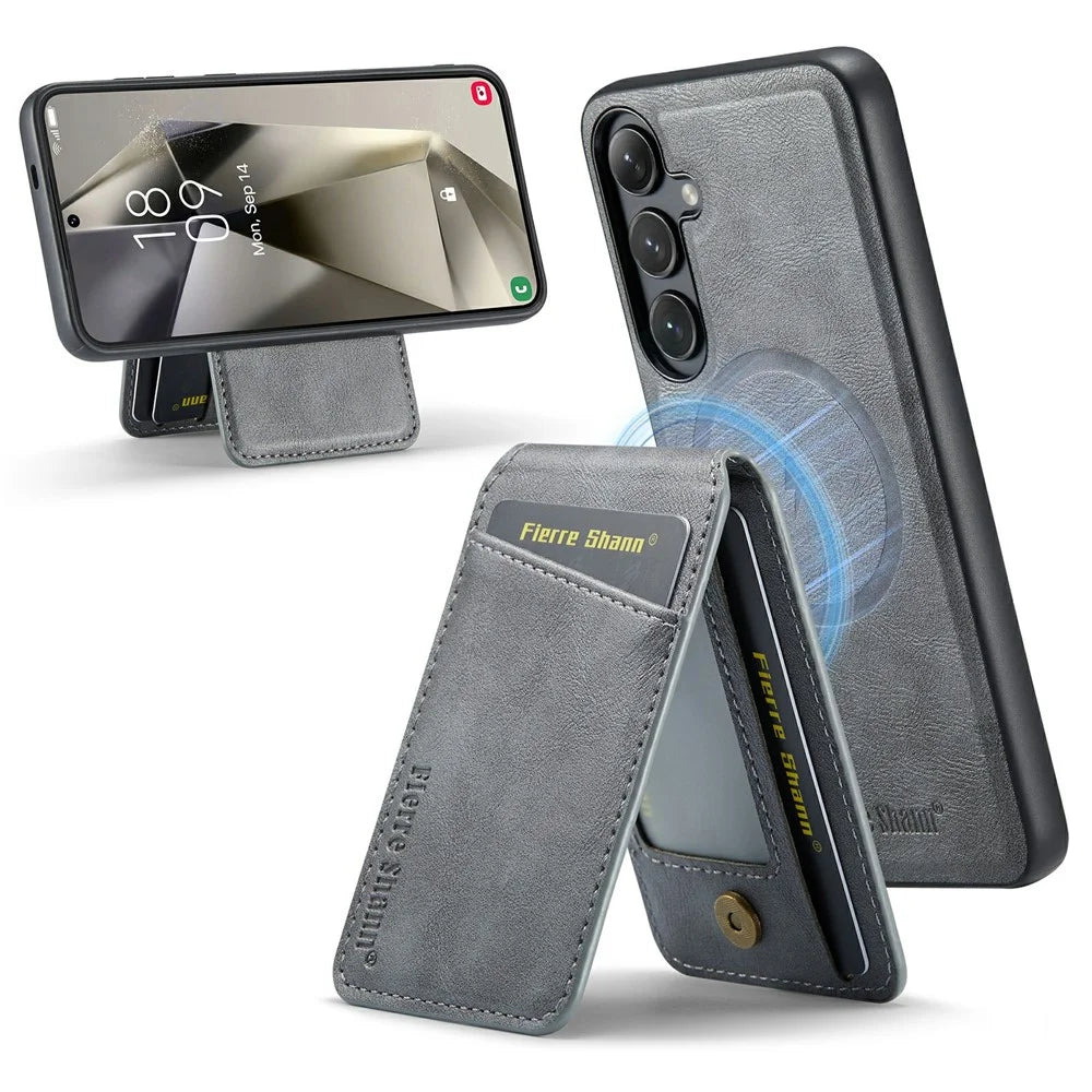 FIERRE SHANN 025 Style For Samsung Galaxy S25+ Case Leather + TPU Detachable Card Slots Phone Cover - Grey - 1
