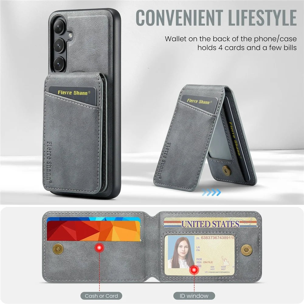 FIERRE SHANN 025 Style For Samsung Galaxy S25+ Case Leather + TPU Detachable Card Slots Phone Cover - Grey - 7