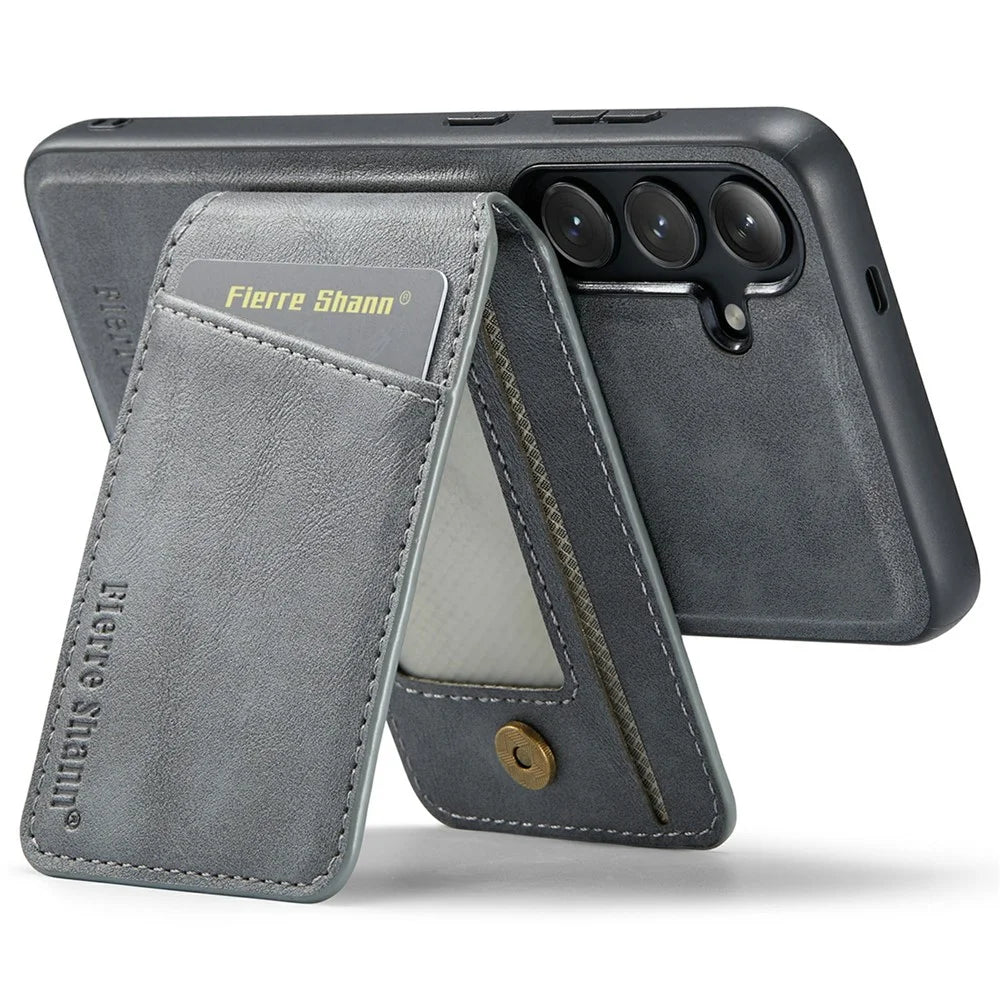 FIERRE SHANN 025 Style For Samsung Galaxy S25 Case Leather + TPU Detachable Card Slots Phone Cover - Grey - 2
