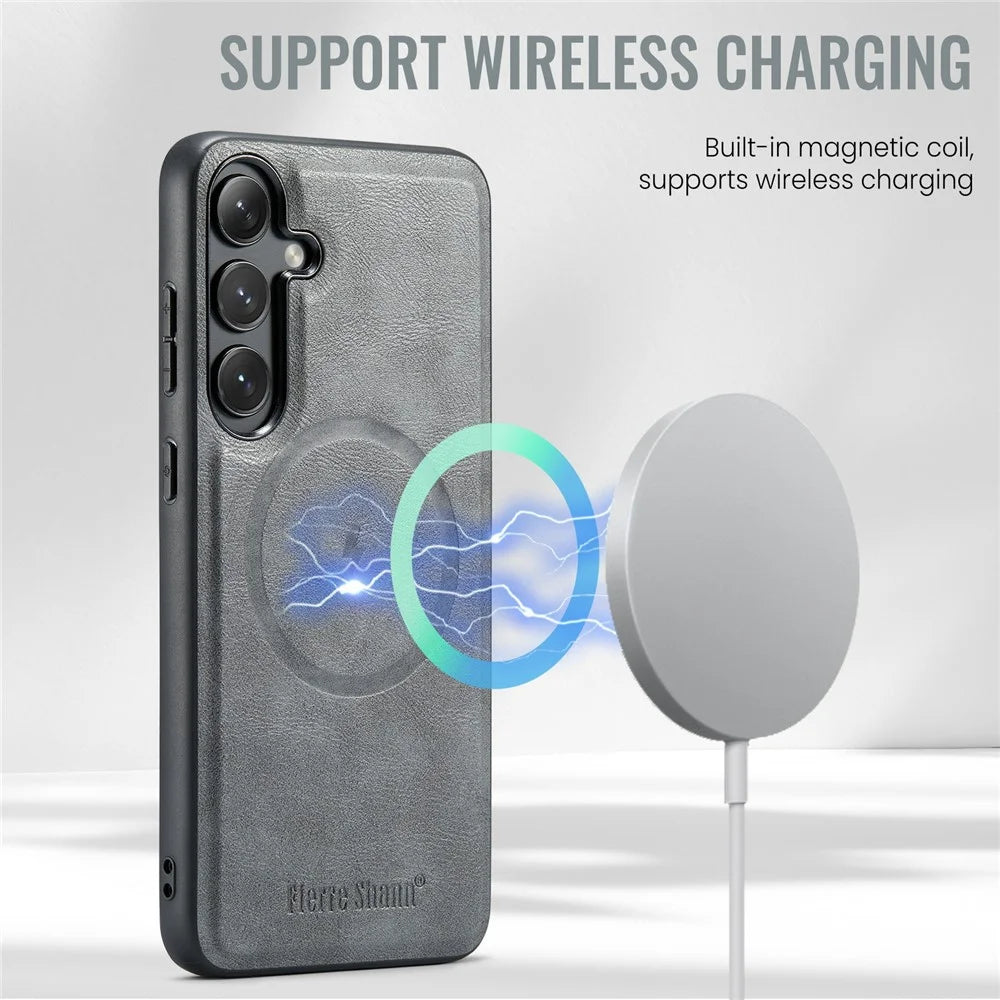 FIERRE SHANN 025 Style For Samsung Galaxy S24 FE Case Leather + TPU Detachable Card Slots Phone Cover - Grey - 6