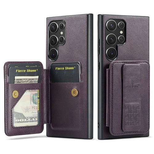 FIERRE SHANN 024 Style For Samsung Galaxy S25 Ultra Case Card Holder Kickstand Waxy Texture Leather + TPU Phone Cover - Purple - 1