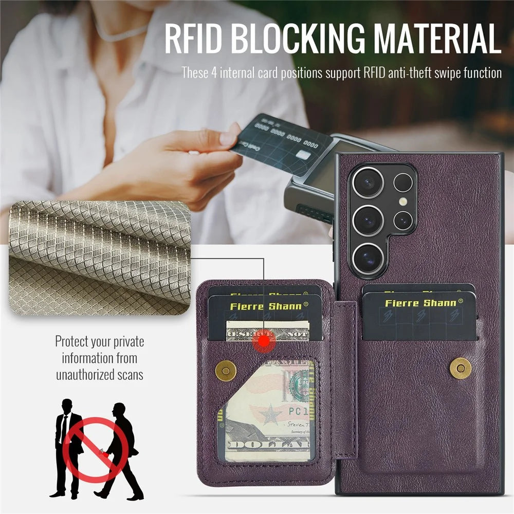 FIERRE SHANN 024 Style For Samsung Galaxy S25 Ultra Case Card Holder Kickstand Waxy Texture Leather + TPU Phone Cover - Purple - 5