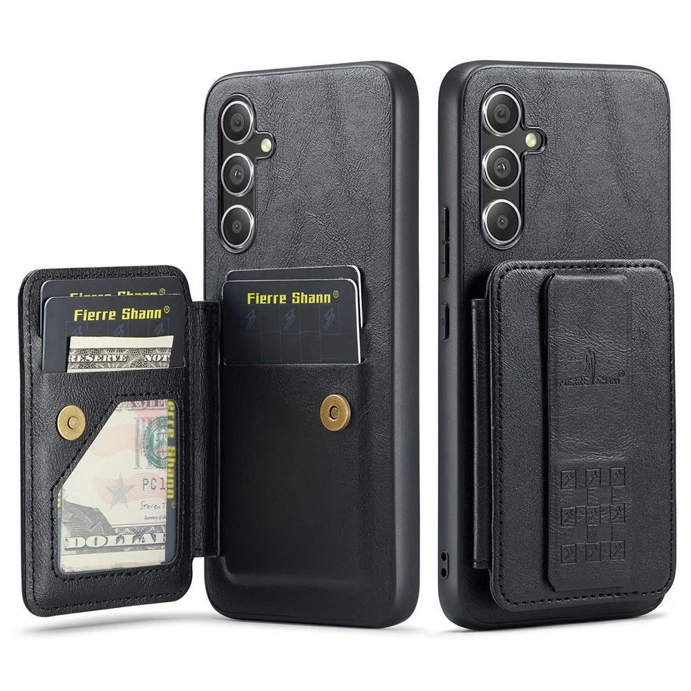 FIERRE SHANN 024 Style For Samsung Galaxy S25+ Case Card Holder Kickstand Waxy Texture Leather + TPU Phone Cover - Black - 1