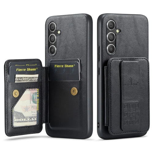 FIERRE SHANN 024 Style For Samsung Galaxy S25+ Case Card Holder Kickstand Waxy Texture Leather + TPU Phone Cover - Black - 1