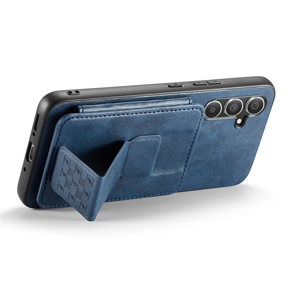 FIERRE SHANN 024 Style For Samsung Galaxy S25 Case Card Holder Kickstand Waxy Texture Leather + TPU Phone Cover - Blue - 2