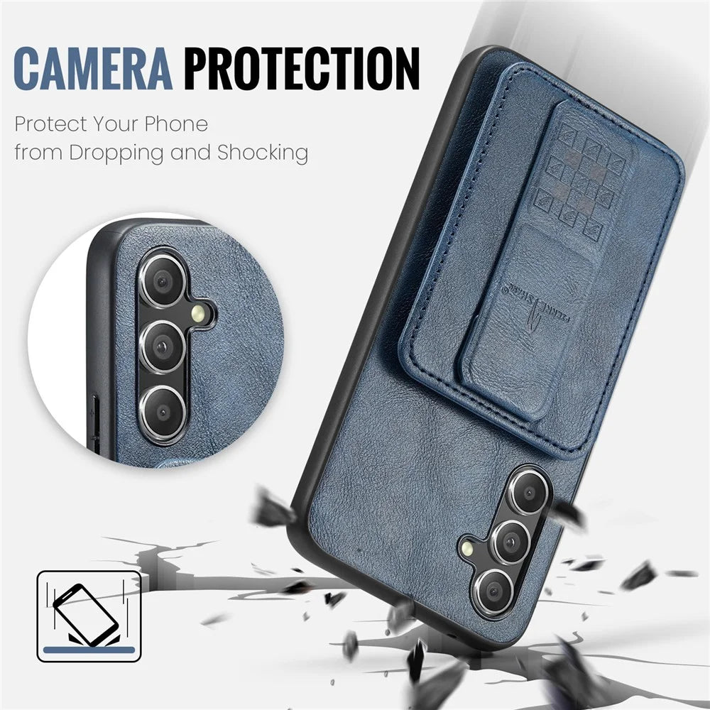 FIERRE SHANN 024 Style For Samsung Galaxy S25 Case Card Holder Kickstand Waxy Texture Leather + TPU Phone Cover - Blue - 5