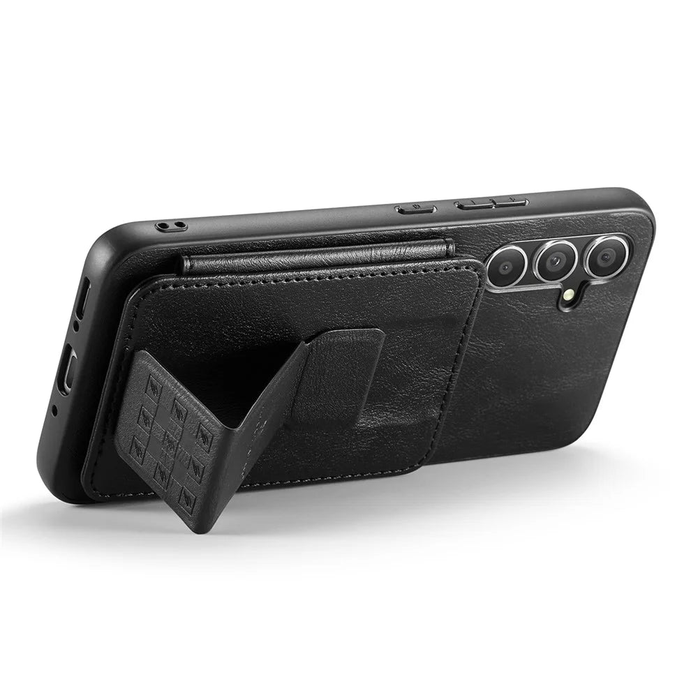 FIERRE SHANN 024 Style For Samsung Galaxy S24 FE Case Card Holder Kickstand Waxy Texture Leather + TPU Phone Cover - Black - 2