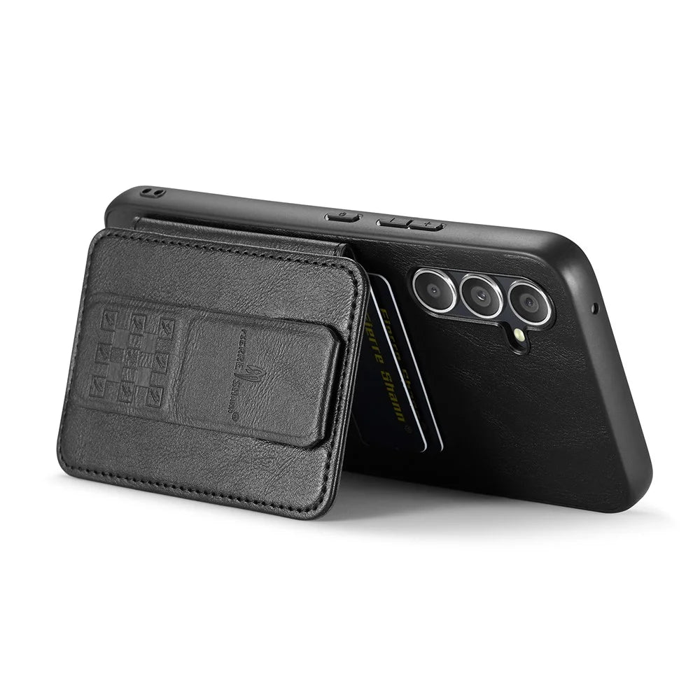 FIERRE SHANN 024 Style For Samsung Galaxy S24 FE Case Card Holder Kickstand Waxy Texture Leather + TPU Phone Cover - Black - 3