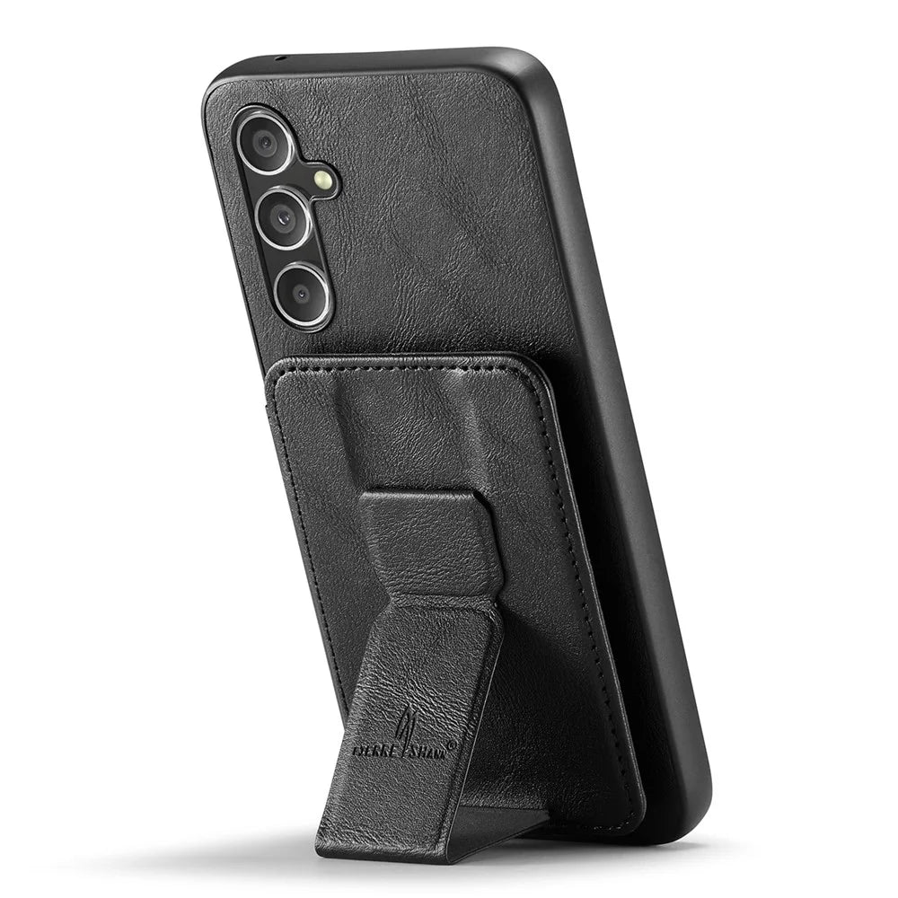 FIERRE SHANN 024 Style For Samsung Galaxy S24 FE Case Card Holder Kickstand Waxy Texture Leather + TPU Phone Cover - Black - 4