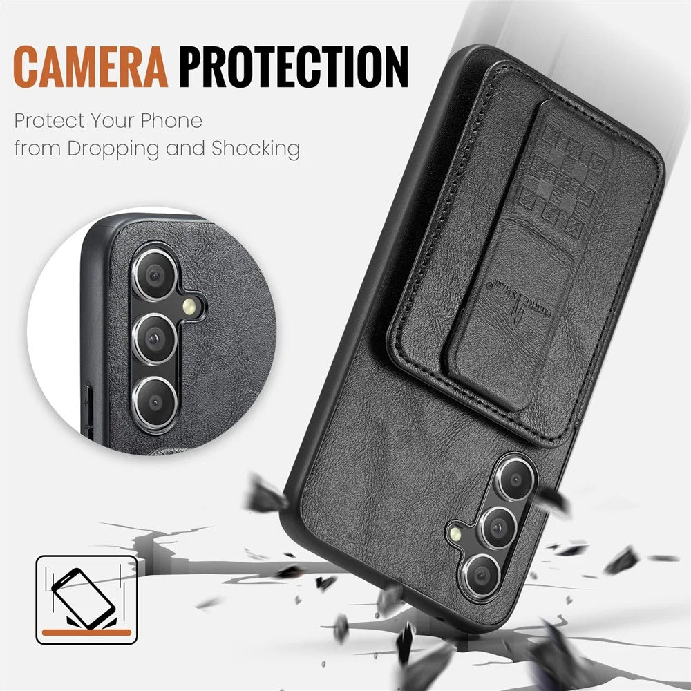 FIERRE SHANN 024 Style For Samsung Galaxy S24 FE Case Card Holder Kickstand Waxy Texture Leather + TPU Phone Cover - Black - 5