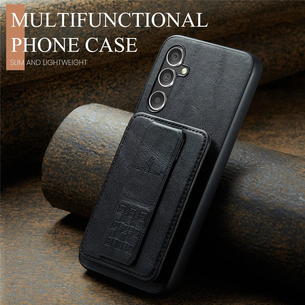 FIERRE SHANN 024 Style For Samsung Galaxy S24 FE Case Card Holder Kickstand Waxy Texture Leather + TPU Phone Cover - Black - 7