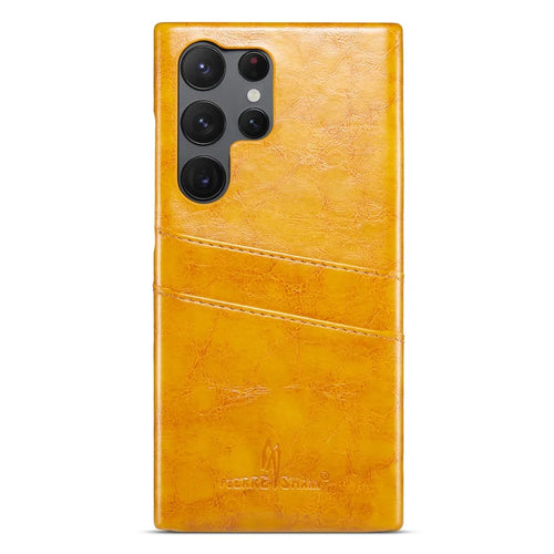 FIERRE SHANN For Samsung Galaxy S25 Ultra Case Waxy PU Leather + PC Card Holder Phone Cover - Yellow - 1