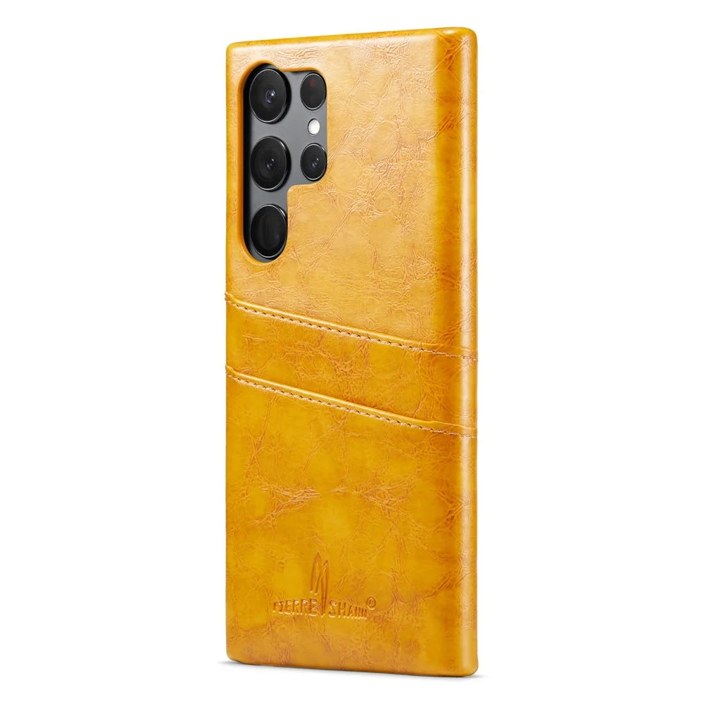 FIERRE SHANN For Samsung Galaxy S25 Ultra Case Waxy PU Leather + PC Card Holder Phone Cover - Yellow - 3