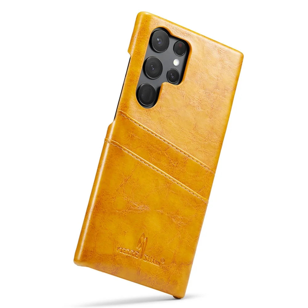 FIERRE SHANN For Samsung Galaxy S25 Ultra Case Waxy PU Leather + PC Card Holder Phone Cover - Yellow - 4