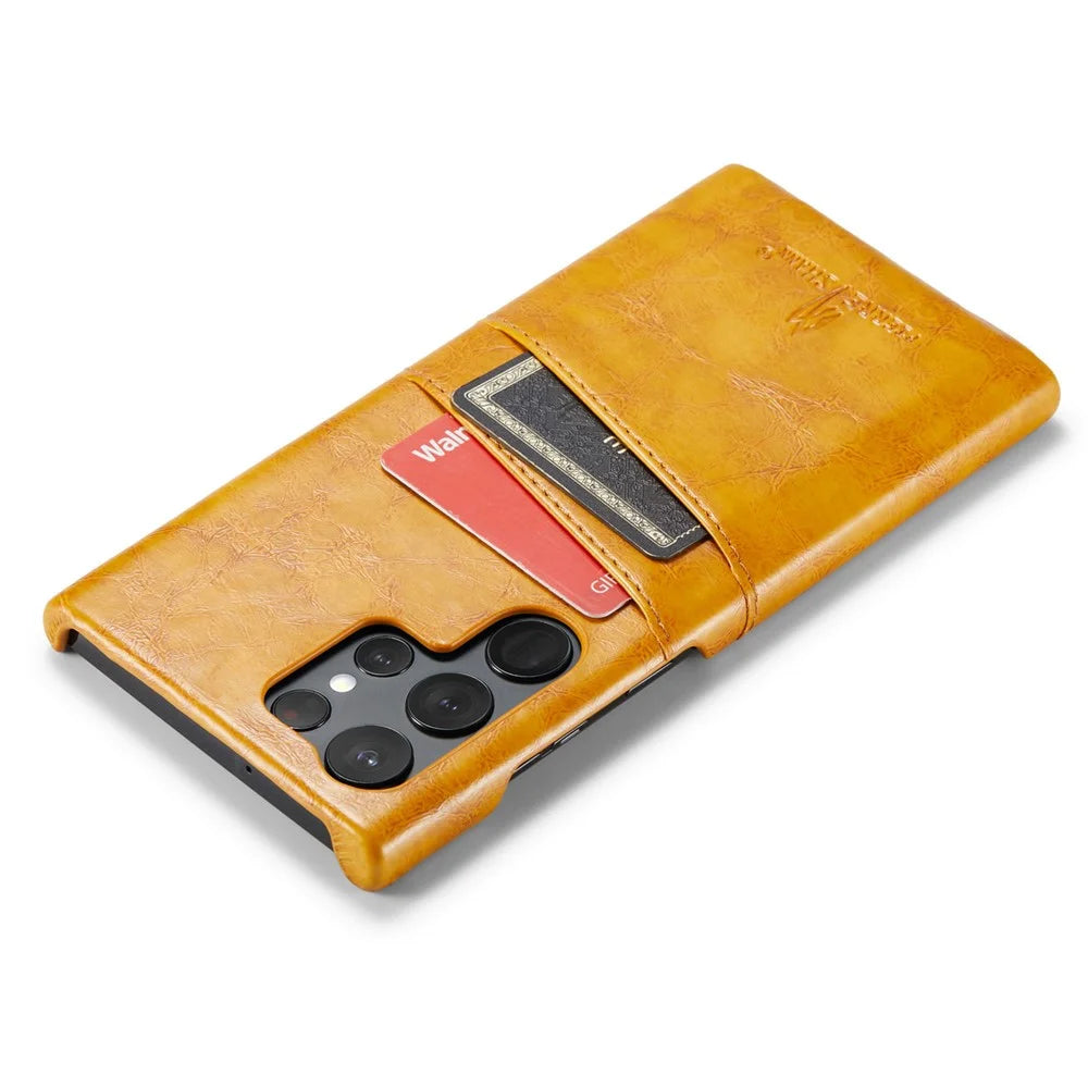 FIERRE SHANN For Samsung Galaxy S25 Ultra Case Waxy PU Leather + PC Card Holder Phone Cover - Yellow - 5